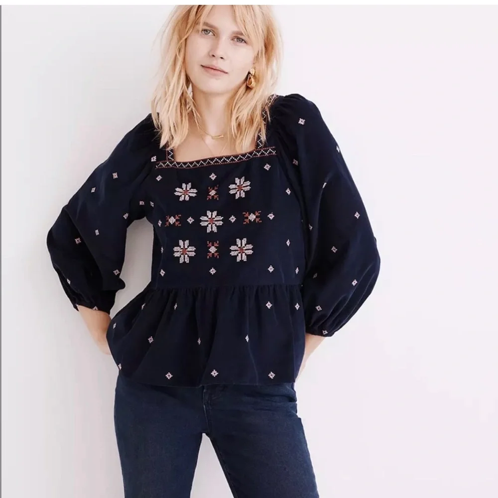 Madewell embroidered corduroy button-back‎ peplum top XS